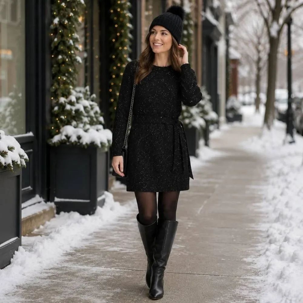 Talbots Womens Tweed Side Tie Speckled Long Sleeve Sweater Dress Black Size SP